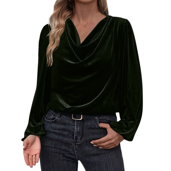 JGGSPWM Women's Velvet Blouses Elegant Evening Party Dressy Casual Long Sleeve Shirts Cowl Neck Pleated Stretch Cuffs Long Sleeve Tops Green L