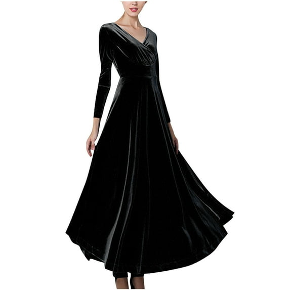 JGGSPWM Women's Velvet Long Sleeve V Neck Maxi Dress Flared Skirt Dresses Black L