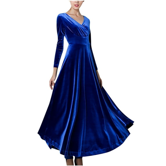 JGGSPWM Women's Velvet Long Sleeve V Neck Maxi Dress Flared Skirt Dresses Blue 2XL