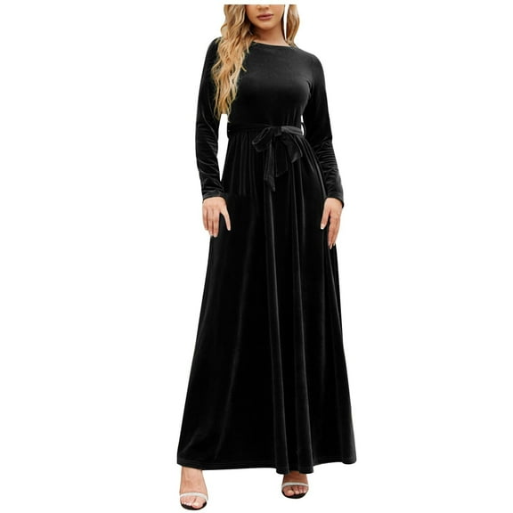 JGGSPWM Women's Velvet Maxi Dress High Waisted A Line Skirt Long Sleeves Dresses Black 2XL