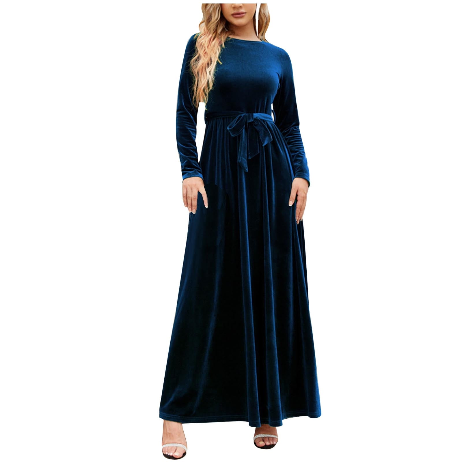 JGGSPWM Women's Velvet Maxi Dress High Waisted A Line Skirt Long Sleeves Dresses Dark Blue L
