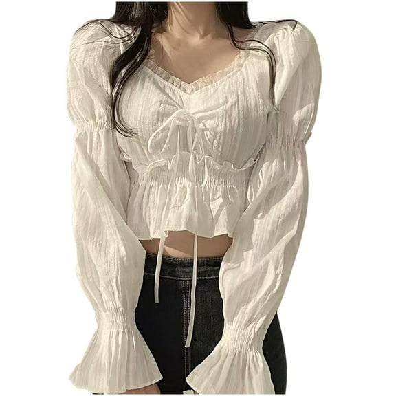 JGGSPWM Women's Vintage Corset Tops Puff Long Sleeve Square Collar Ruched Bust Ruffled Peplum Sweetheart Blouse White S