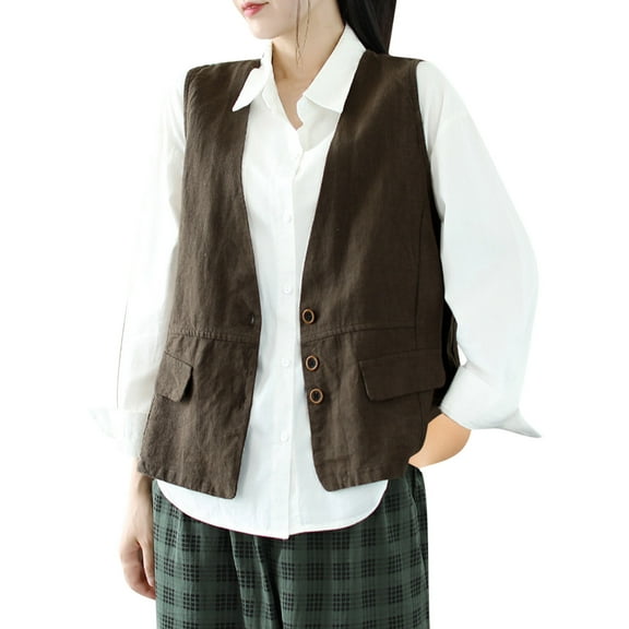JGGSPWM Women's Vintage Cotton Linen Sleeveless Vest Jacket Top Loose Fit Button V-Neck Vest with Pockets Brown M