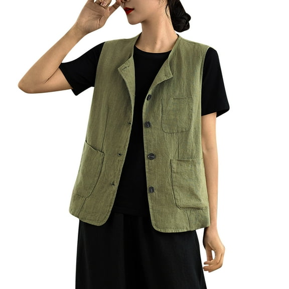 JGGSPWM Women's Vintage Cotton Linen Sleeveless Vest Jacket Top Loose Fit Button V-Neck Vest with Pockets Green M