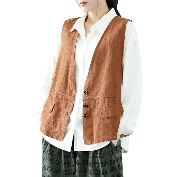 JGGSPWM Women's Vintage Cotton Linen Sleeveless Vest Jacket Top Loose Fit Button V-Neck Vest with Pockets Orange XL