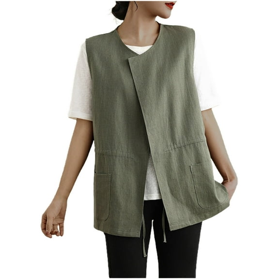 JGGSPWM Women's Vintage Cotton Linen Sleeveless Vest Jacket Top Loose Fit V-Neck Vest Green L