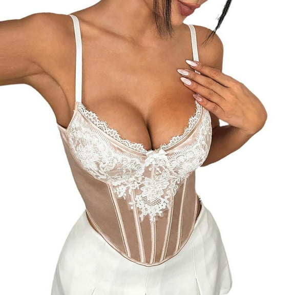 JGGSPWM Women's Vintage Lace Corset Tops Patchwork Satin Push Up Bodysuit Fashion Y2k Clothes Khaki S