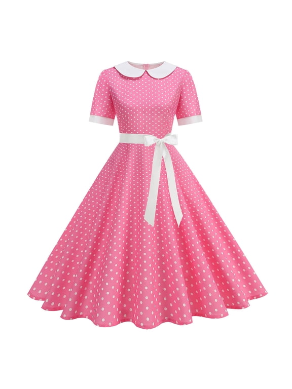 Women's Vintage Polka Dot Dress Lapel Collar Puff Sleeve A Line Swing Dress with Belt for Party Wedding Pink S