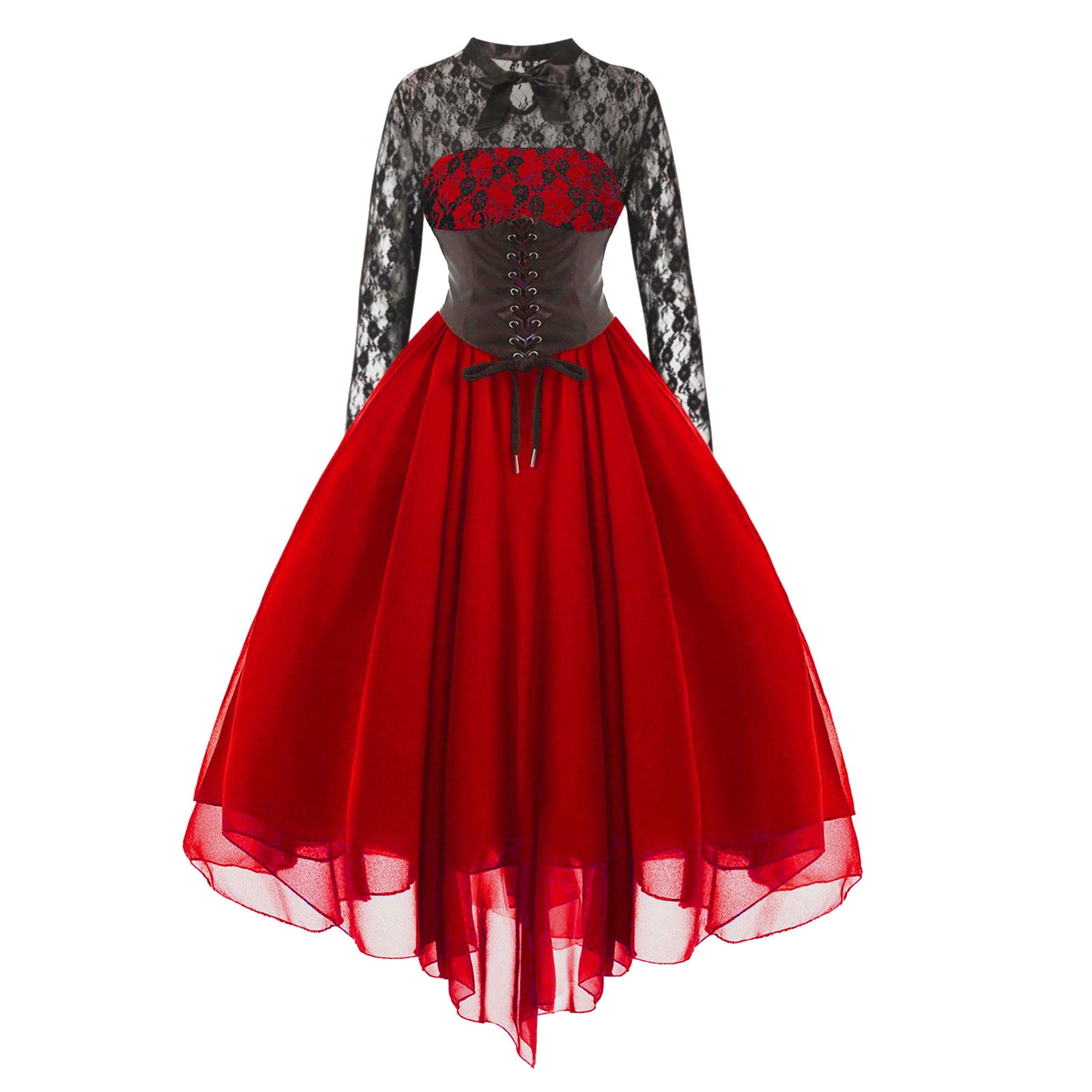 JGGSPWM Women's Vintage Victorian Steampunk Corset Dress Costume Red L