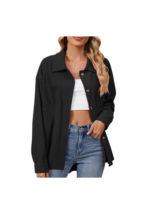 Women's Waffle Knit Shacket Jacket, Oversized Casual Top with Long Sleeve Button Down, Dressy Blouses for Fall Black#/001 XL