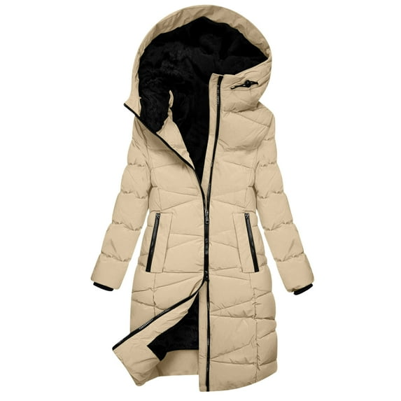 JGGSPWM Women's Warm Fleece Lined Parka Jacket Lightweight Thicken Down Coats with Hood for Winter Beige S