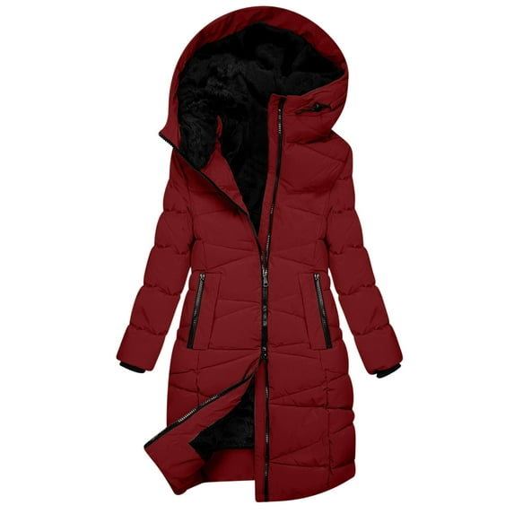 JGGSPWM Women's Warm Fleece Lined Parka Jacket Lightweight Thicken Down Coats with Hood for Winter Red XL