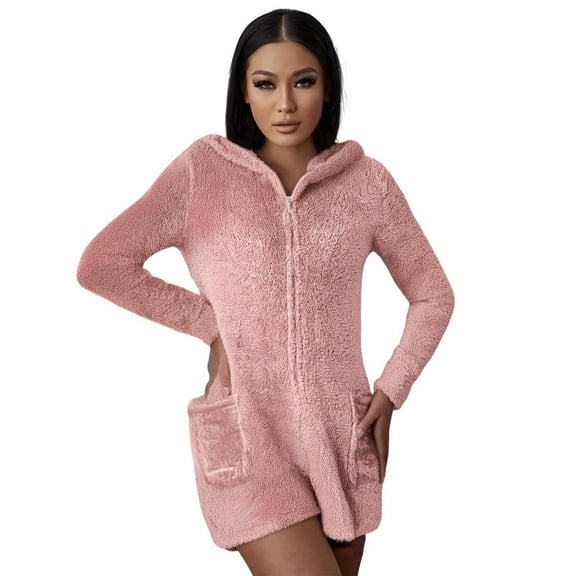 JGGSPWM Women's Warm Hooded with Ears Bodysuit Long Sleeve Shorts Short Zipper Bodysuit Pocket Pajamas Homewear One-piece Sleepwear Pink S