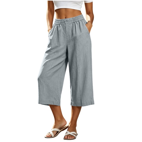 JGGSPWM Women's Wide Leg Capri Pants Cropped Mid Waist Loose Summer Beach Vacation Casual Solid Color Pants with Pockets Gray S
