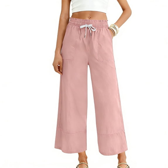 JGGSPWM Women's Wide Leg Pants Dressy Casual Solid Color Linen Pants Flowy Slacks Elastic Waist Drawstring Pants with Pockets Pink M