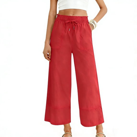 JGGSPWM Women's Wide Leg Pants Dressy Casual Solid Color Linen Pants Flowy Slacks Elastic Waist Drawstring Pants with Pockets Red S