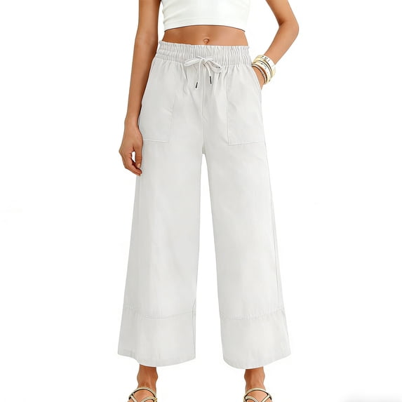 JGGSPWM Women's Wide Leg Pants Dressy Casual Solid Color Linen Pants Flowy Slacks Elastic Waist Drawstring Pants with Pockets White S
