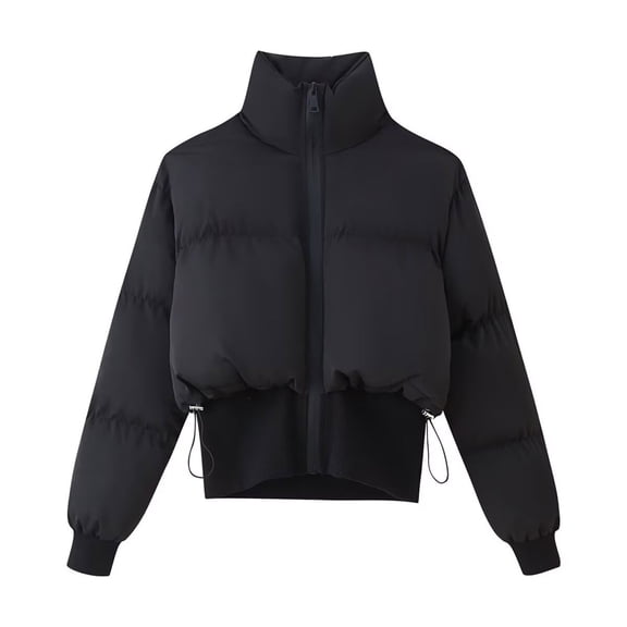 JGGSPWM Women’s Winter Cropped Puffer Jacket Coat Casual Quilted Baggy Long Sleeve Stand-up Collar Zip Down Jackets Outerwear Black S