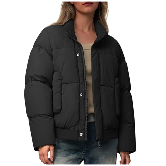 JGGSPWM Women's Winter Cropped Puffer Jacket Coat, Warm Short Quilted Jackets Zippered Button Stand Up Collar Outerwear with Pockets Black XXXL