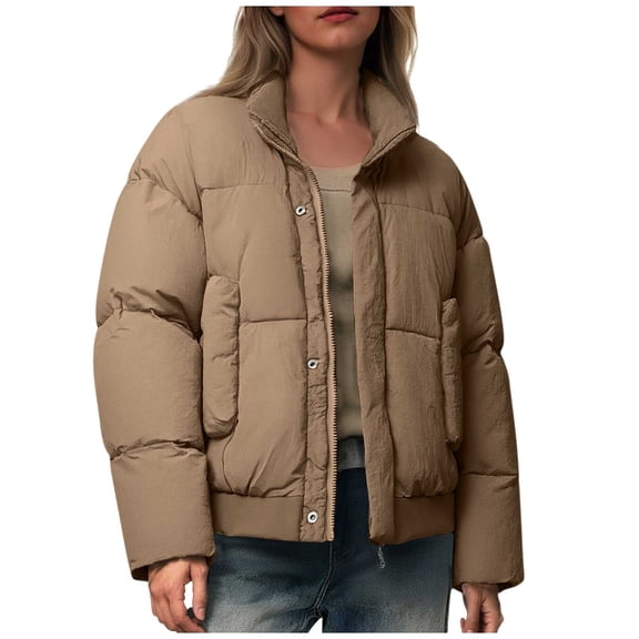 JGGSPWM Women's Winter Cropped Puffer Jacket Coat, Warm Short Quilted Jackets Zippered Button Stand Up Collar Outerwear with Pockets Brown L