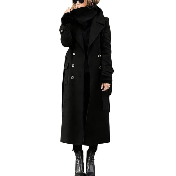 JGGSPWM Women's Winter Double Breasted Woolen Coat Business Long Sleeved Solid Casual Long Winter Pea Coat with Belt Black S