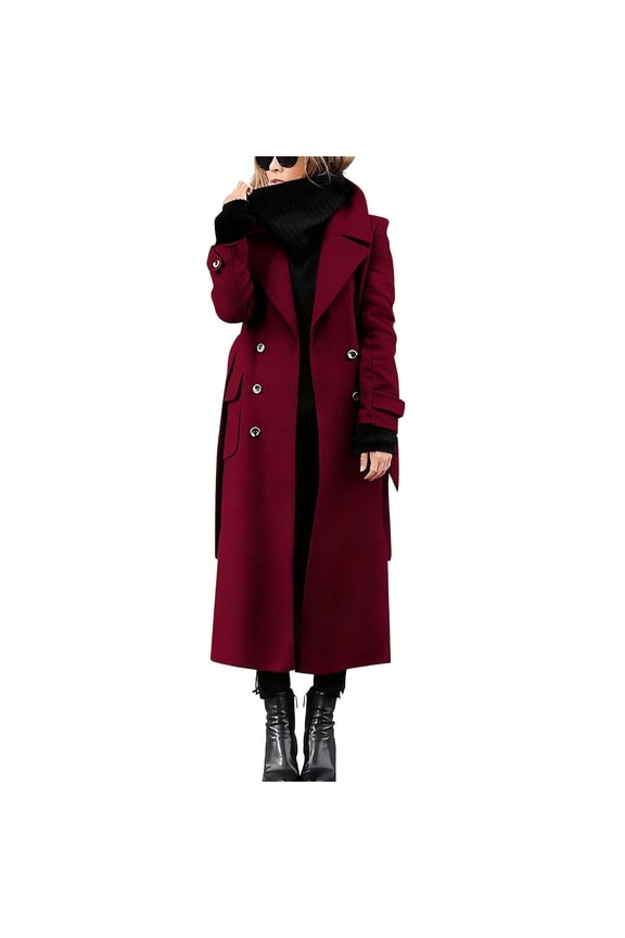 Women's Winter Double Breasted Woolen Coat Business Long Sleeved Solid Casual Long Winter Pea Coat with Belt Red XXL