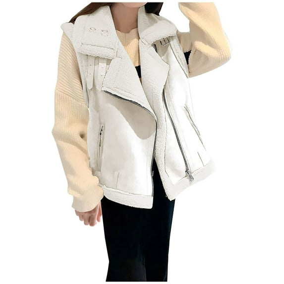 JGGSPWM Women's Winter Faux Furry Zip Up Sherpa Vest Sleeveless Down Jacket Warm Shearling Vest with Pockets White L