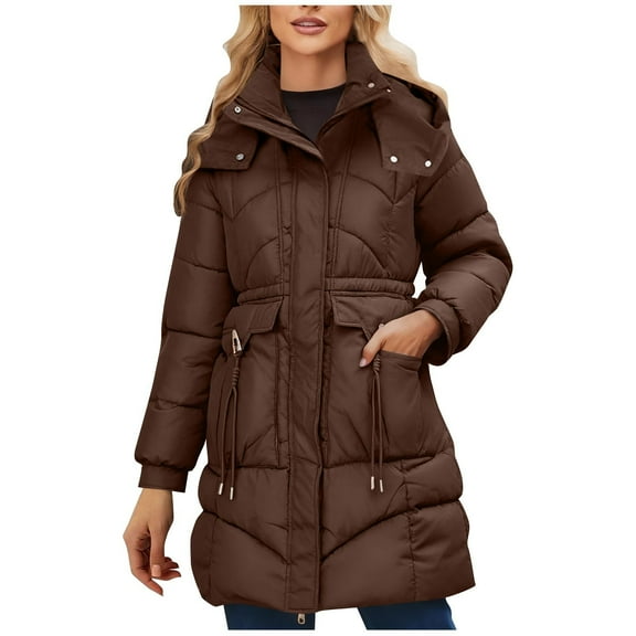 JGGSPWM Women's Winter Jacket Long Puffer Coat Hooded Warm Parka Down Water Resistant Zip Up Outerwear with Decorative Pockets Brown L