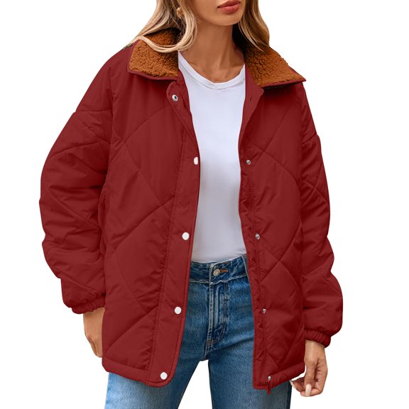 JGGSPWM Women's Winter Long Sleeve Quilted Jackets Zip Snap Button Down Puffer Jacket Padded Coat Outwear with Pockets Red XXL