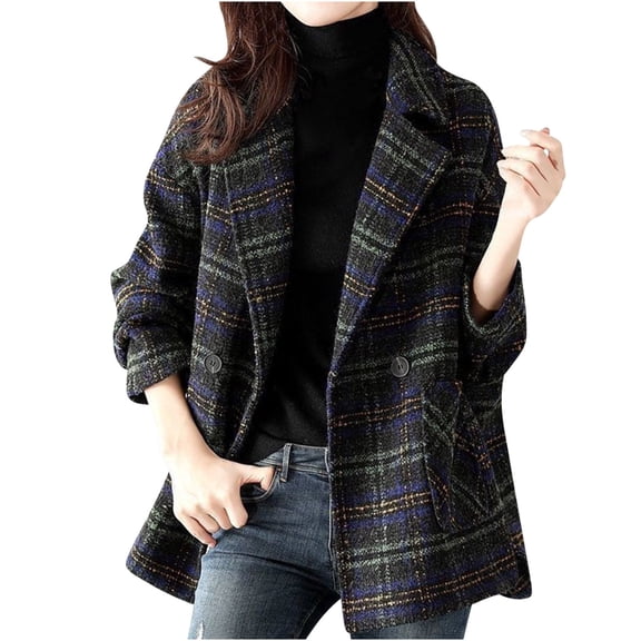 JGGSPWM Women's Winter Plaid Wool Blazer Double Breasted Lapel Collar Pea Coat Elegant Office Work Suit Jacket Outwear Black 3XL