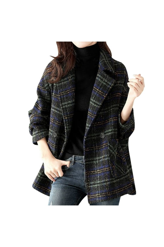 Women's Winter Plaid Wool Blazer Double Breasted Lapel Collar Pea Coat Elegant Office Work Suit Jacket Outwear Black 3XL