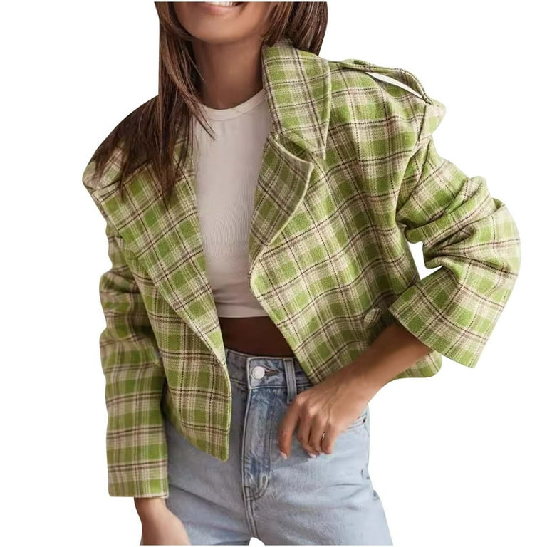JGGSPWM Women's Winter Plaid Wool Blazer Jacket Cropped Double