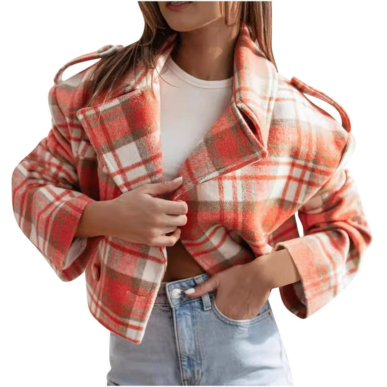 JGGSPWM Women's Winter Plaid Wool Blazer Jacket Cropped Double