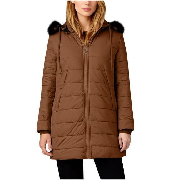 JGGSPWM Women's Winter Puffer Coat Thicken Fleece Lined Down Jacket Waterproof Faux Furry Detachable Hooded Parka Padded Jacket Brown XL
