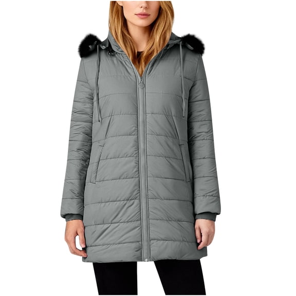 JGGSPWM Women's Winter Puffer Coat Thicken Fleece Lined Down Jacket Waterproof Faux Furry Detachable Hooded Parka Padded Jacket Gray S