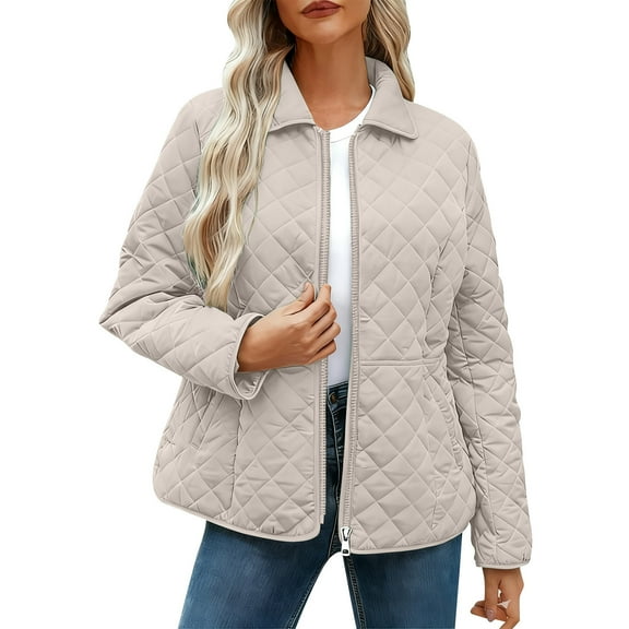 JGGSPWM Women's Winter Quilted Jackets Long Sleeve Button Down Diamond Puffer Jacket Outerwear Warm Coats with Pockets Beige L