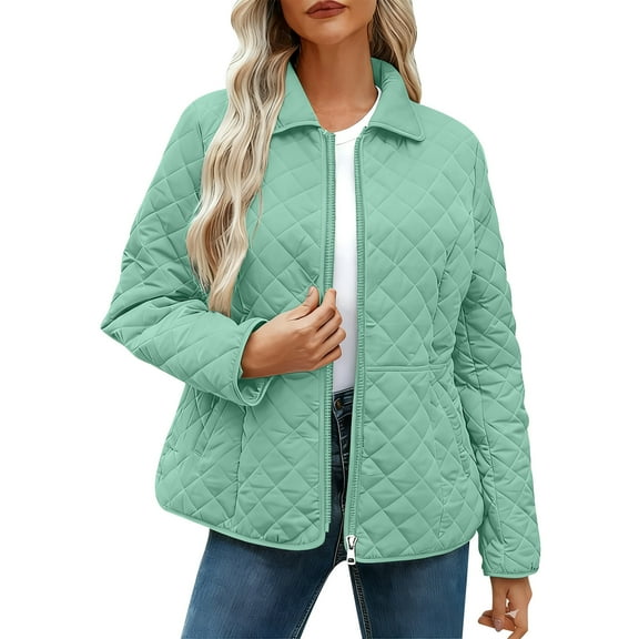 JGGSPWM Women's Winter Quilted Jackets Long Sleeve Button Down Diamond Puffer Jacket Outerwear Warm Coats with Pockets Green XL