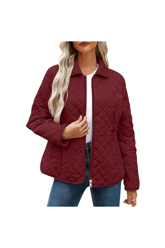 Women's Winter Quilted Jackets Long Sleeve Button Down Diamond Puffer Jacket Outerwear Warm Coats with Pockets Red M