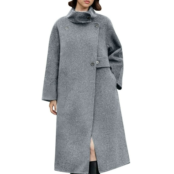 JGGSPWM Women's Winter Single Breasted Stand Collar Pocket Pea Coat Casual Solid Color Thicken Woolen Blend Trench Coat Jacket Gray M