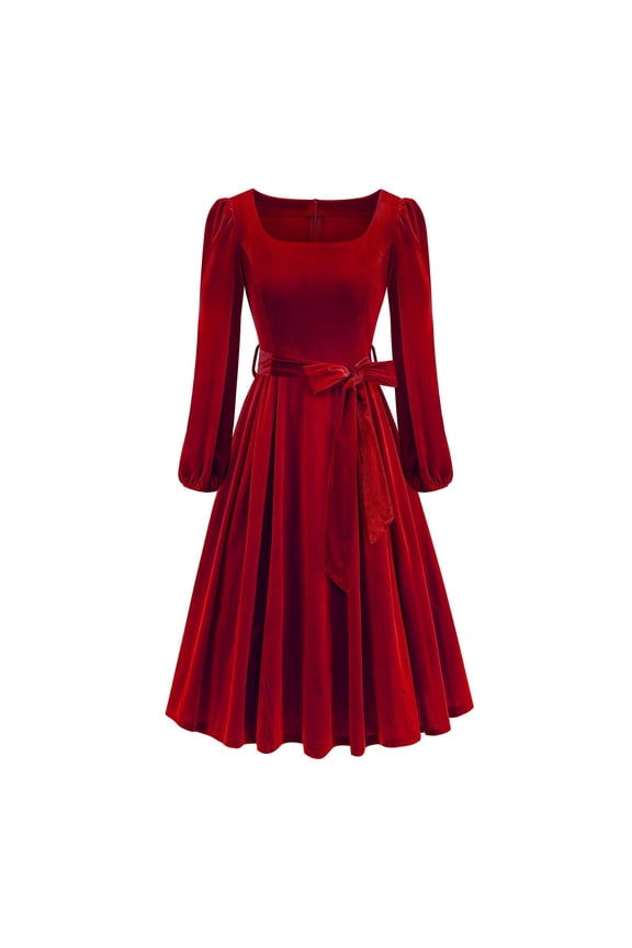 Women's Winter Vintage Golden Velvet Dresses for Women Formal Dress Long Sleeve Square Neck Swing Dress Red L