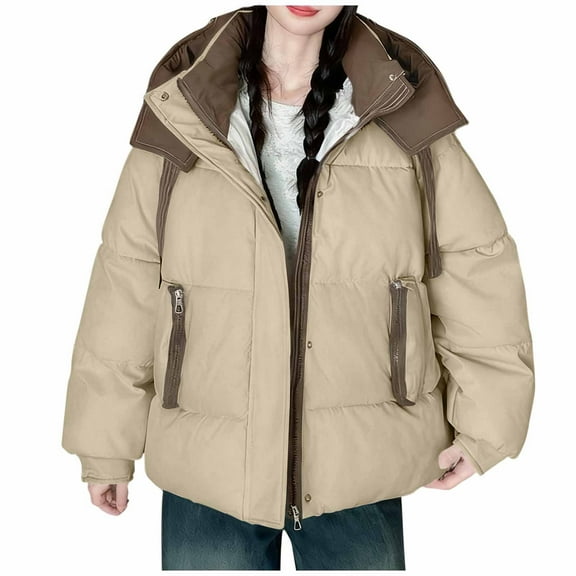 JGGSPWM Women's Winter Warm Coat Solid Color Pockets Long Sleeved Thickened and Padded Casual Cotton Jacket Women's Hooded Jacket Yellow L