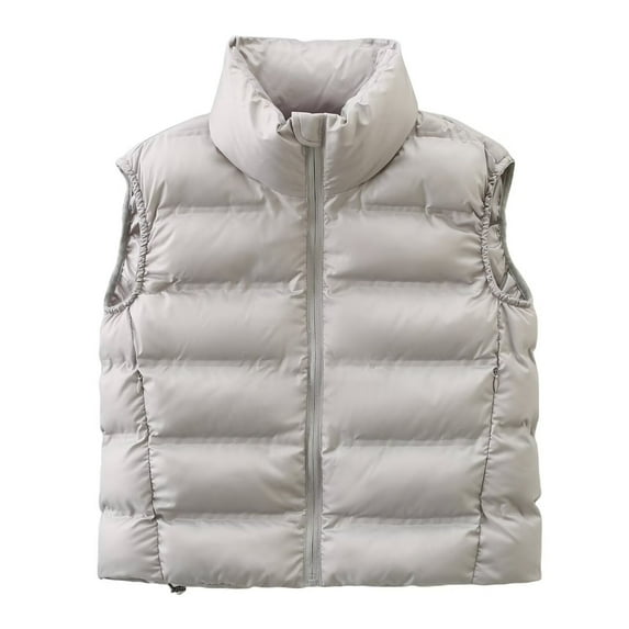 JGGSPWM Women's Winter Warm Padded Crop Vest Solid Color Lightweight Sleeveless Zipper Puffer Vest Outerwear Gilet Gray L