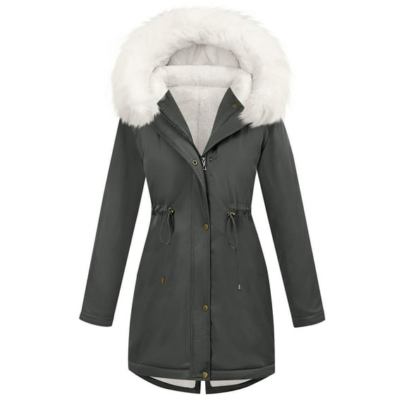 JGGSPWM Women's Winter Warm Parka Jacket Fleece Lined Drawstring Thicken Coat Windproof Hooded Sherpa Outerwear Gray XL