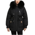 thumbnail image 1 of JGGSPWM Women's Winter Warm Puffer Coat Drawstring Waist with Pockets, Faux Furry Collar Jacket for Cozy Style Black XL, 1 of 6