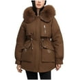 thumbnail image 1 of JGGSPWM Women's Winter Warm Puffer Coat Drawstring Waist with Pockets, Faux Furry Collar Jacket for Cozy Style Brown M, 1 of 6