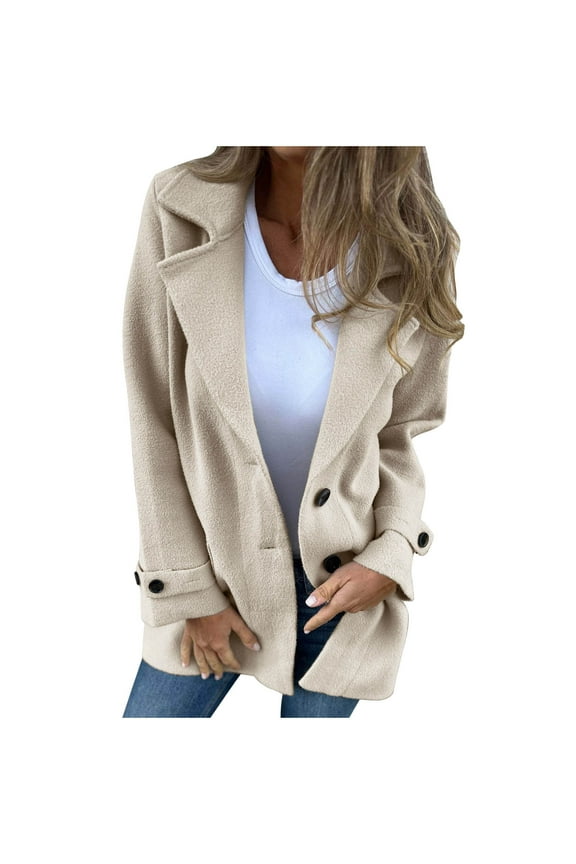 Women's Wool Blend Coat Fall Lapel Single Breasted Mid Length Trench Jacket Open Front Solid Long Sleeve Peacoat Blazer Overcoat Beige XL