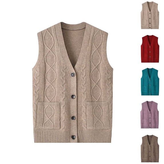 JGGSPWM Women's Woolen Button Cardigan Vest V Neck, Sleeveless Sweater with Front Pockets, Business Casual Office Fall Winter Clothes Brown Free Size