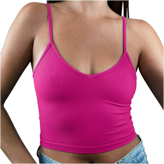 JGGSPWM Women's Workout Camisole Tops Slim Fit Ribbed Racerback Summer V Neck Vests Hot Pink S