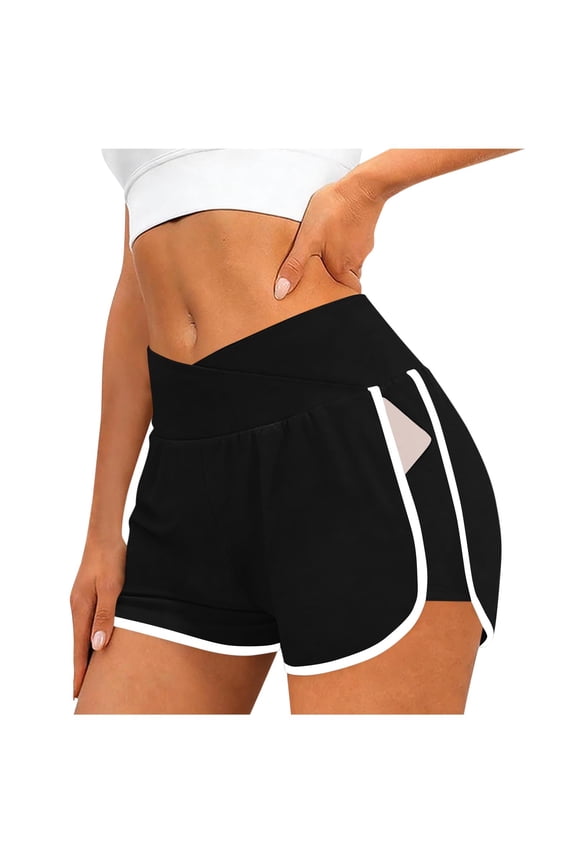 Women's Workout Shorts Solid Color Athletic Running Shorts Crossover High Waisted Gym Shorts with Pockets Black XXL