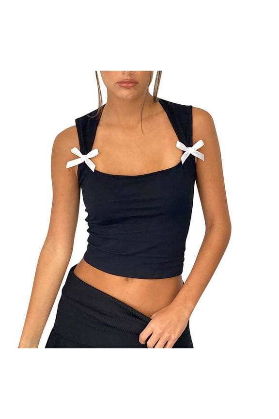 Women's Y2K Bow Tank Tops Scoop Neck Sleeveless Aesthetic Cami Shirts Preppy Summer Outfit Black M